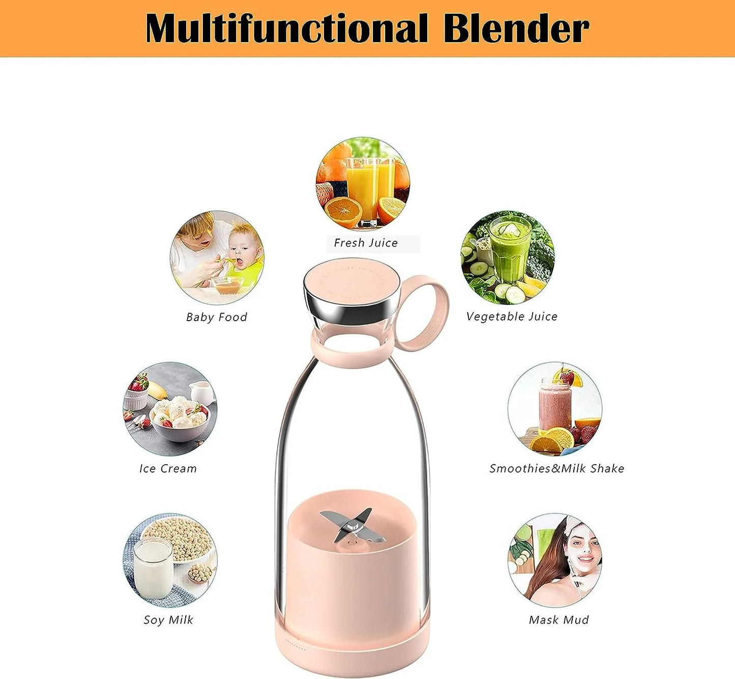 Rechargeable Portable Juicer Blender Bottle USB Cordless Mini Mixer for Smoothies, Shakes & Juices
